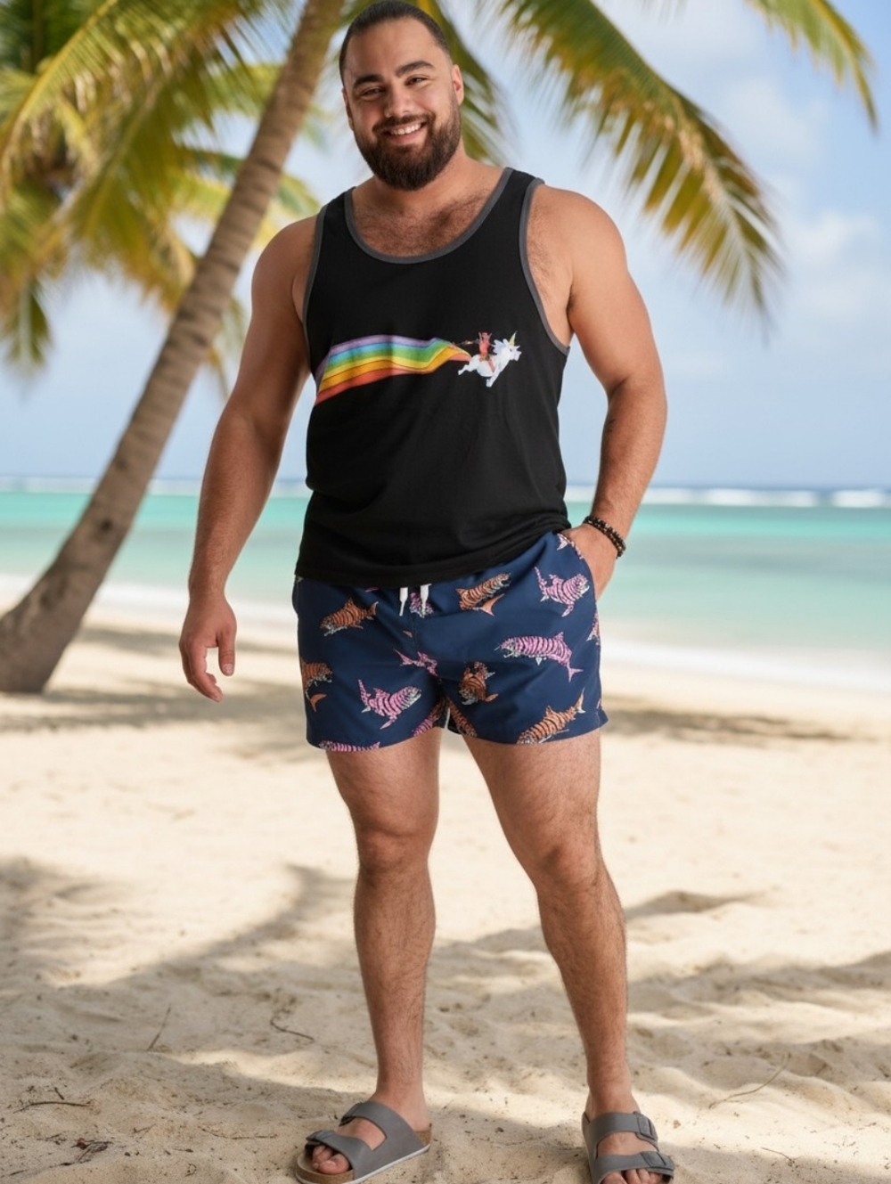 Deadpool Marvel Black Tank Top with Rainbow and Unicorn